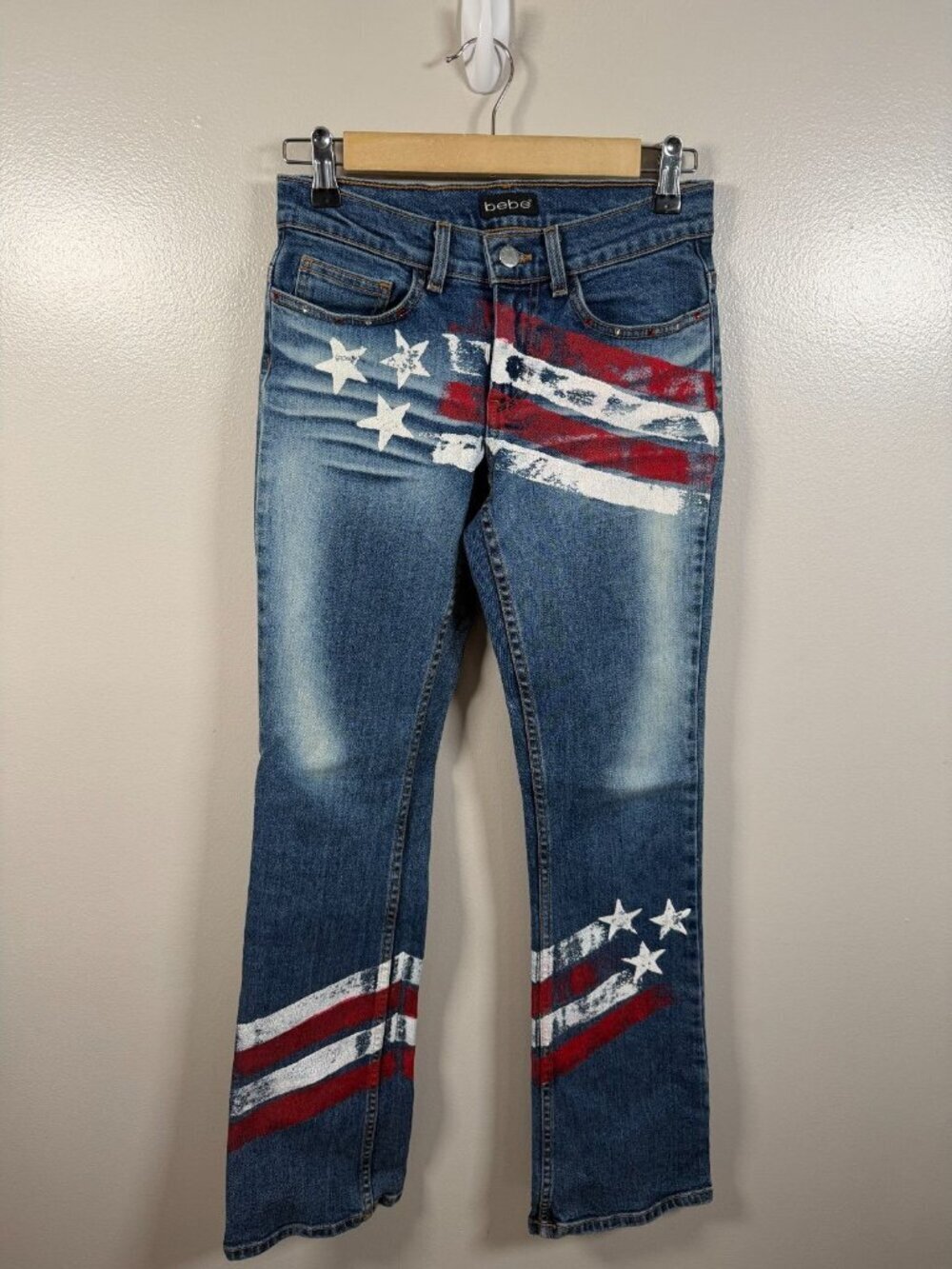 Bebe Y2K American Flag Jeans Size 26 Bootcut Low Rise Rhinestones